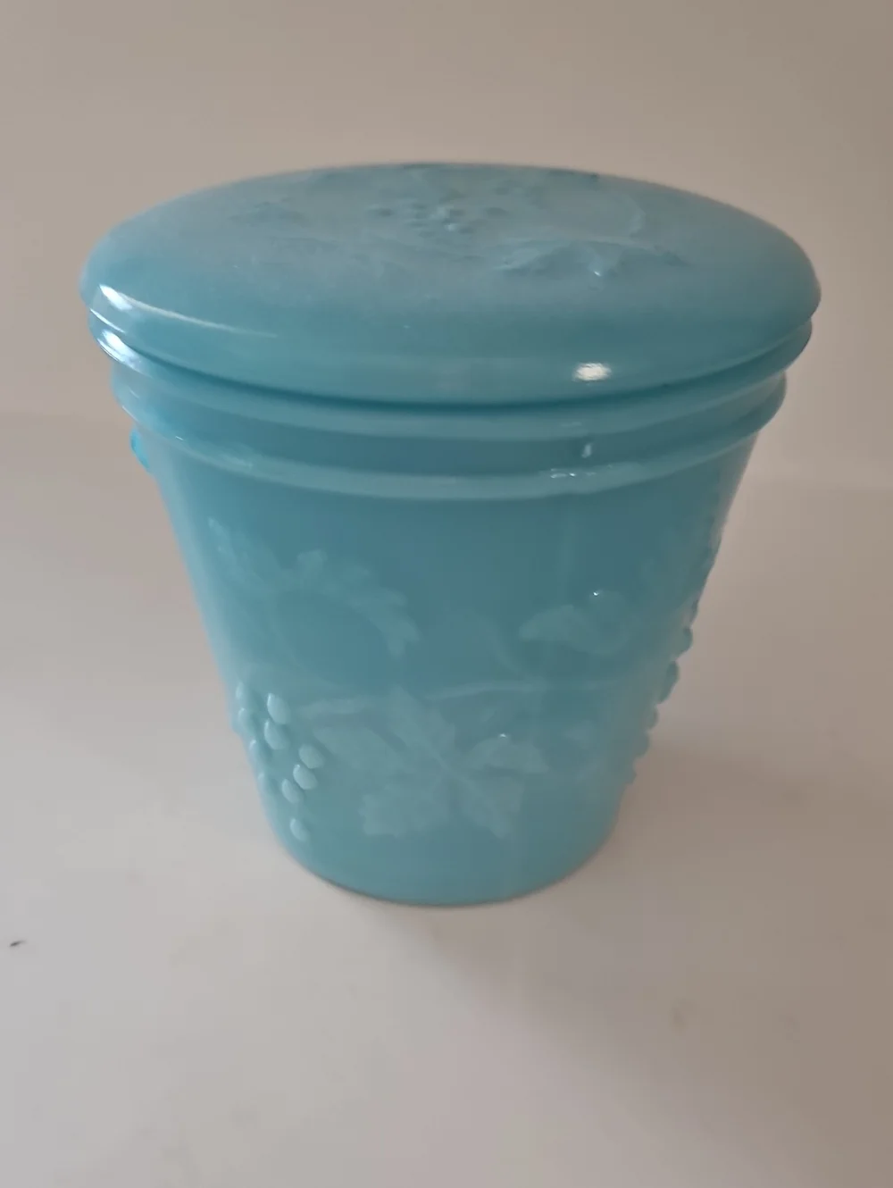 Vintage Portieux Vallerysthal French blue opaline (or milk glass) lidded jar